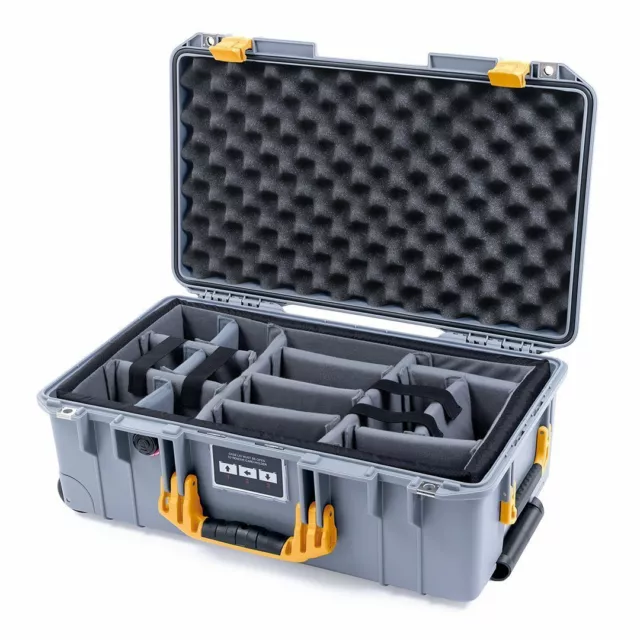 Silver & Yellow Pelican 1535 Air case. With Grey CVPKG padded dividers.