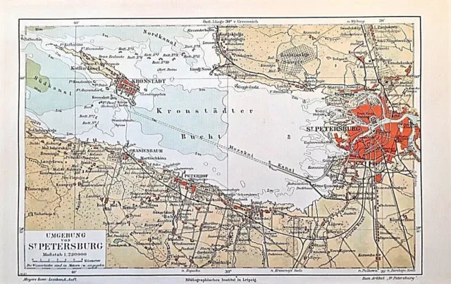 Alte Lithographie, Historischer Stadtplan von St. Petersburg u. Umgebung,ca.1920