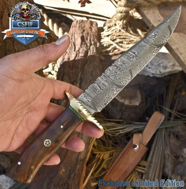 CSFIF Hand Crafted Bowie Knife Twist Damascus Walnut Wood Brass Guard Survival