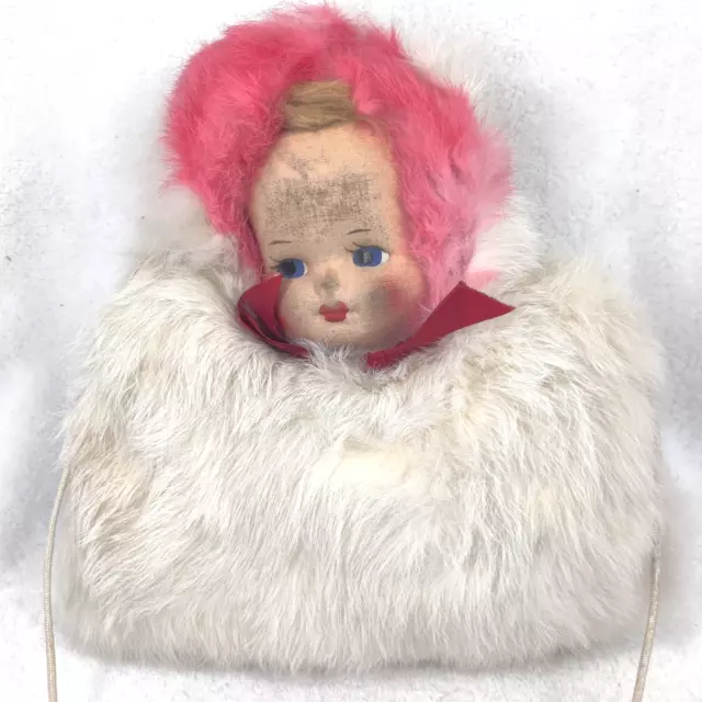 rabbit fur muff doll head white vintage childs hand warmer 1950s