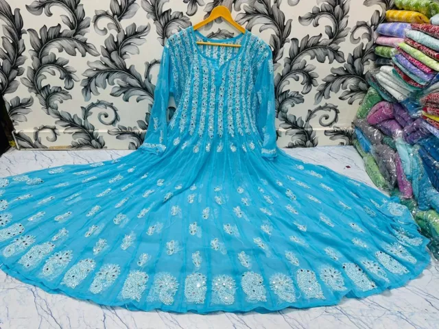 Lucknowi Chikankari Handwork Anarkali 56 Kali mirror kurti 2