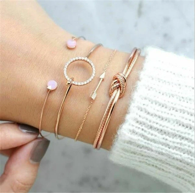 4Pcs/Set Ladies Gold Arrow Knot Crystal Round Opening Bangle Chain Bracelet New