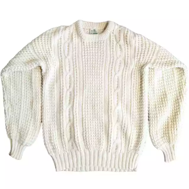 Bonner of Ireland Men's Wool Handloomed Sweater Ivory Chunky Knit Fisherman