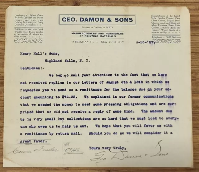 1907 Letterhead New York City Geo Damon & Sons Printing Materials