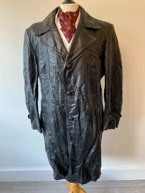 VINTAGE mens 70's INDIE /MOD THE BAY BLACK SOFT LEATHER RETRO COAT 46"