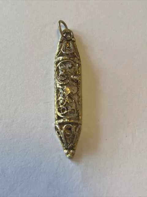 Antique Gold Plated silver Mezuzah Case Pendent Judaica Filigree With Scroll