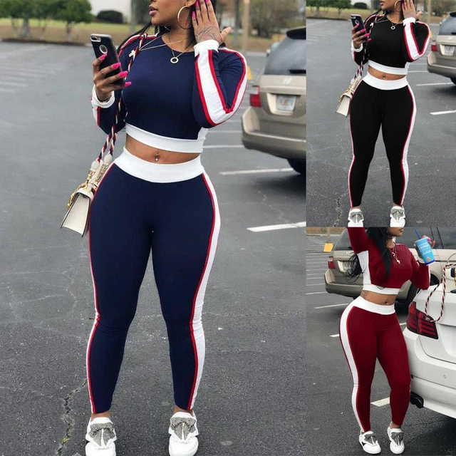 2Pcs Set Sexy Women Sports Set Sleeve Crop Top Pants Outfit Workout Gym Fitness