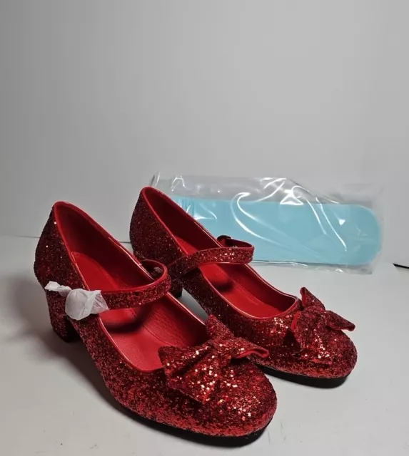 Dorothy Adult Ruby Heel Sparkle Glitter Slippers Costume Shoes Sz 5 + Blue Socks