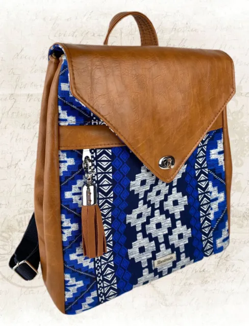 Handmade Boho Backpack Purse Bag Brown Vegan Leather Blue Geometric Design CUTE
