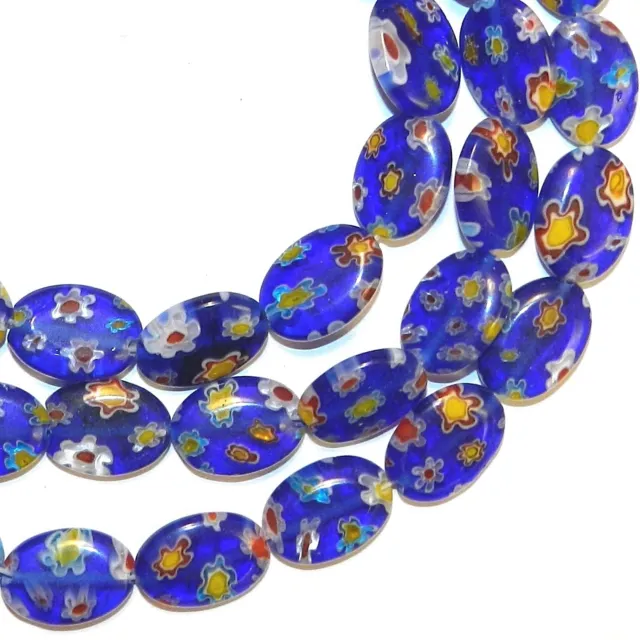 G3763 Dark Blue Multiple Flower 14mm Flat Puffed Oval Millefiori Glass Beads 14"