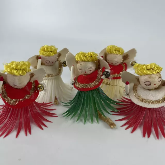 VTG Angel Christmas Ornaments Tiki Hula Grass Skirts Tie On Lot of 5 MCM Candles