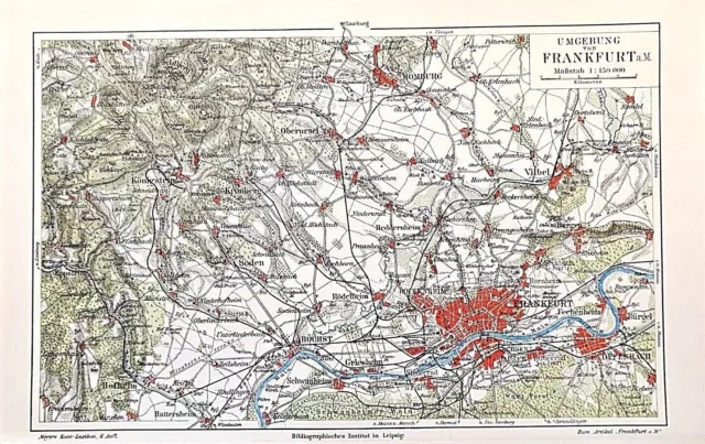 Alte Lithographie, Historischer Stadtplan von Frankfurt a.M.u. Umgebung, ca.1920