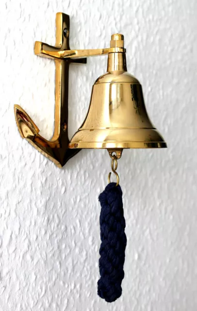 Messing Wand-Glocke mit Anker - Wandhalterung Ø 7,5cm ca. 300g Schiffsglocke