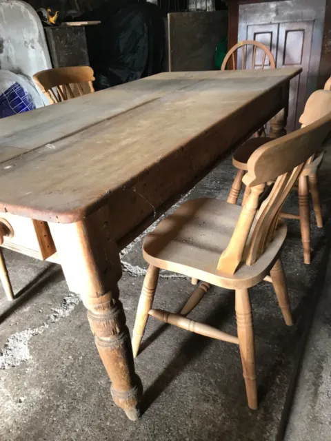 Antique Solid Pine Farmhouse Table 6ft with Drawer and 5 Chairs Dining Set