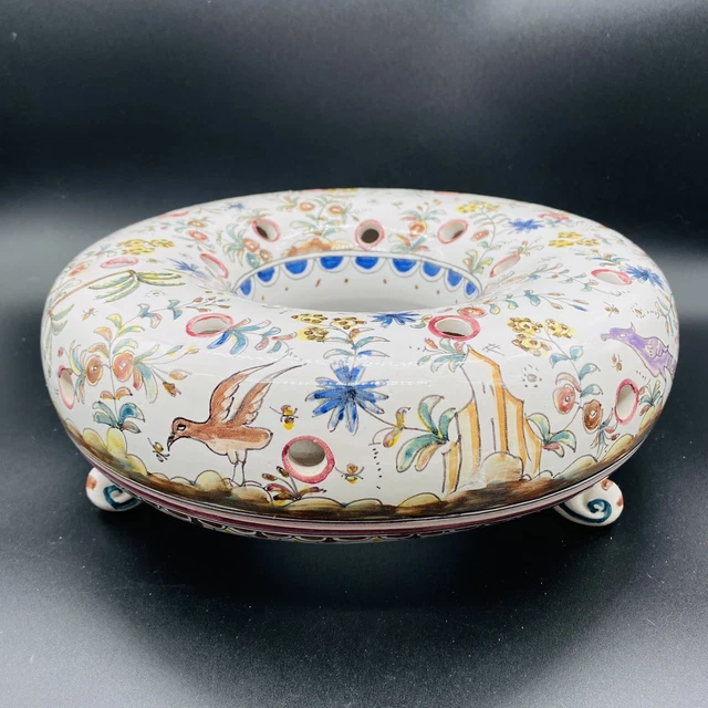 Vintage Portuguese Faience Pottery Round Floral Flower Frog Holes for Roses