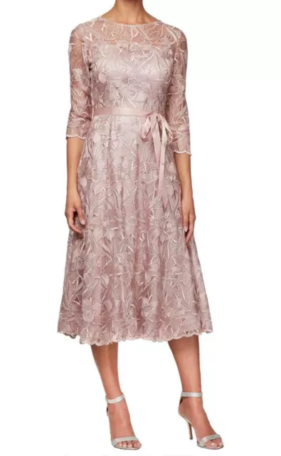 Alex Evenings Women's Tea Length Embroidered Dress Illusion Sleeves (Petite Miss