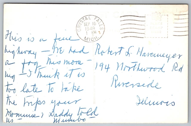 Postcard At Bewabic (Be-Wa-Bic) Park, Crystal Falls, Michigan 1948 RPPC B58 2