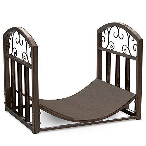 Firewood Rack Holder With Decorative Scroll Design- Metal Outdoor Indoor Brown