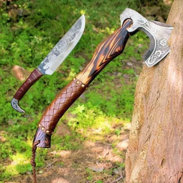 Handmade Viking Axe Viking Knife with Sheath Hand-Forged Outdoor Camping Gifts