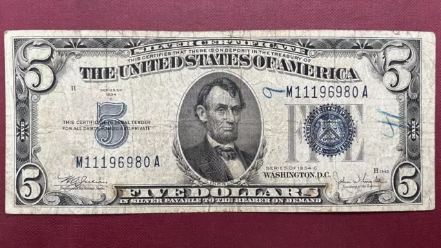 1934 C Five Dollar Silver Certificate $5 Bill Blue Seal Note Circulated #59010
