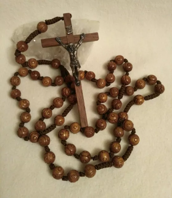 Cuentas de madera de rosario católico vintage cruz religiosa crucifijo tono plateado