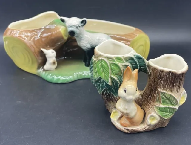 Hornsea Pottery Posy Vase with Lamb and Rabbit And Tree Trunk No 26 And 106