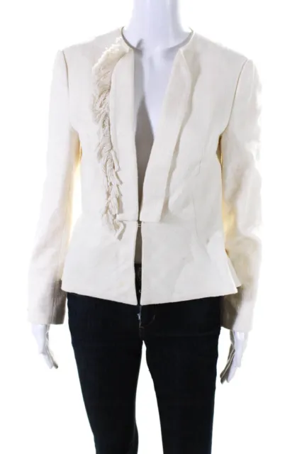 Derek Lam 10 Crosby Womens Wool Tweed Fringe V-Neck Blazer Jacket Ivory Size 6