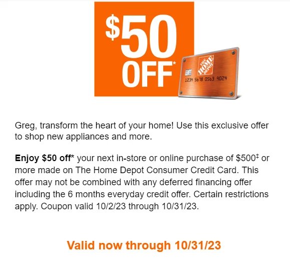 HOME DEPOT COUPON 50 Off 500 or More, Expires 10/31/2023 0.01 PicClick