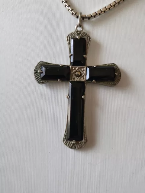 Jugendstil  Silber Anhänger Kreuz Kruzifix Dunkler Granat Markasit +Silber Kette