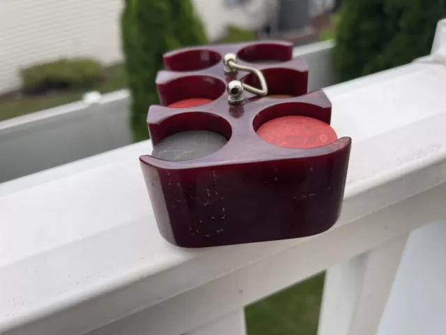 Antique Cherry Amber Red Bakelite Poker Gambling Chip & Holder Set 3