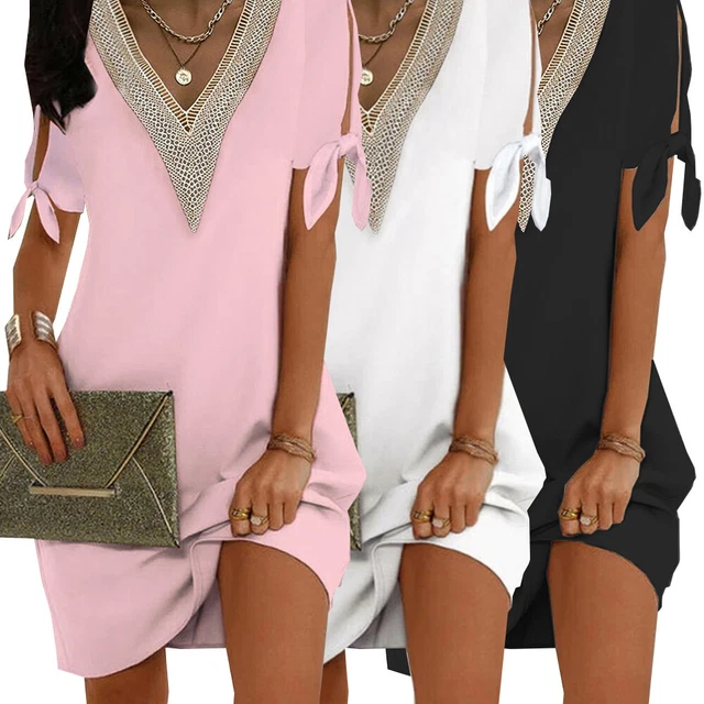 Femmes Manches Courtes Mini Robe T-Shirt Robe Robe De Couture Robe D'été #