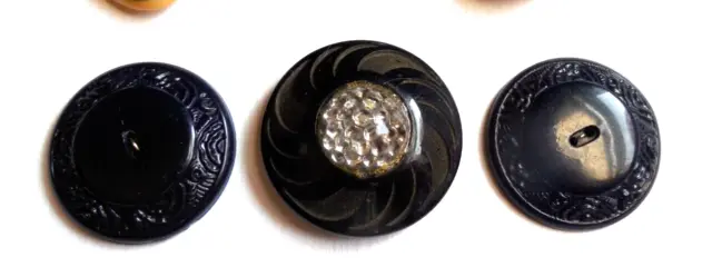 3 Vint. Black Celluloid Buttons-Pair 1 1/4" Large w/Clear Glass Bubble Top 1 1/2