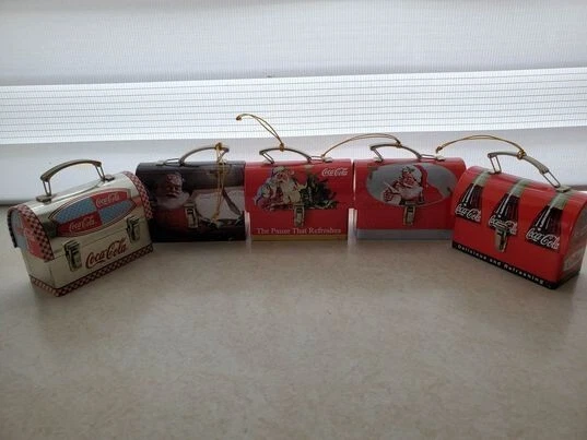 5 Coca-Cola Christmas Ornaments-Mini Lunch Pail-Box-Coke-Tin-Containers-Mint-New