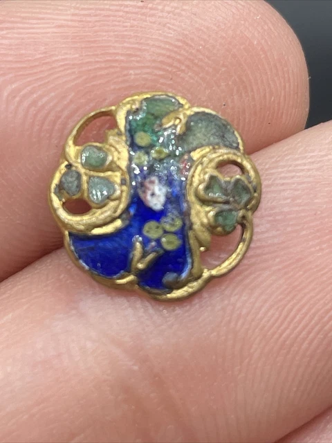 Antique 3 Leaf Clover French Gilt Brass Pink Rose Champleve Enamel Button