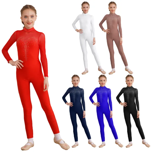 Kinder Mädchen Bodysuit Gymnastik Trikot Latein Jumpsuit Netz Kostüm Klar Jazz