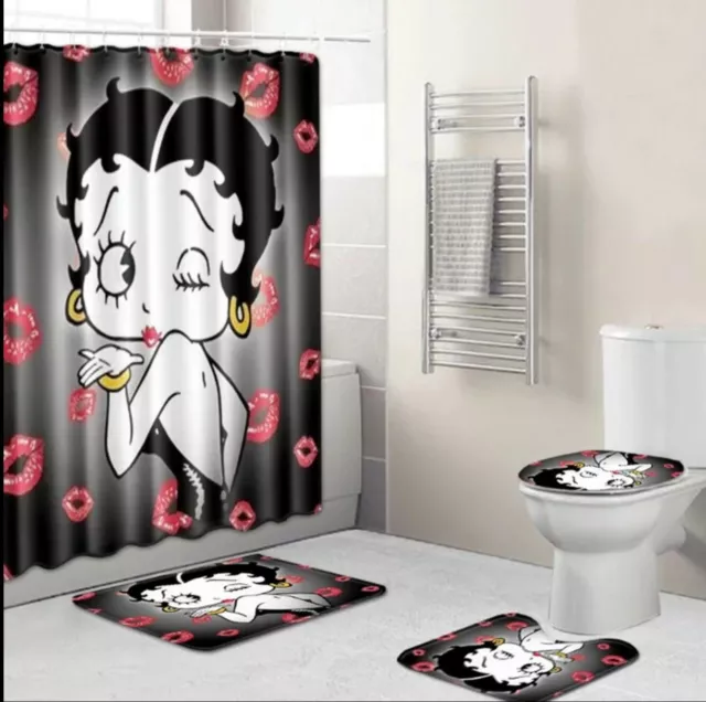 Betty Boop Lips Bathroom Shower Curtain Toilet Seat Cover Rugs Set