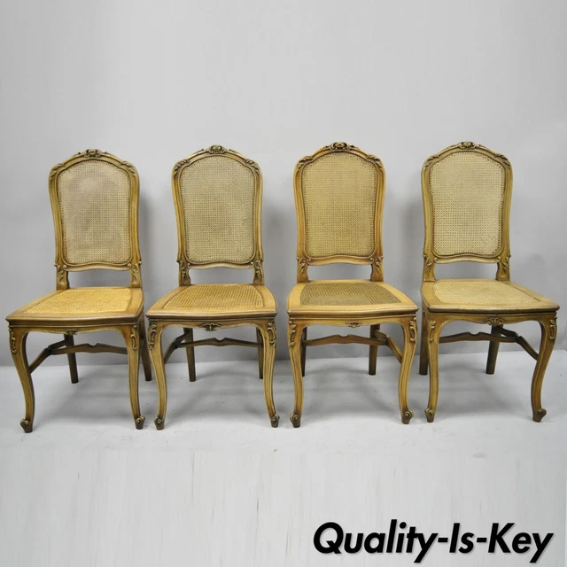 4 Antique French Provincial Louis XV Style Carved Walnut & Cane Dining Chairs