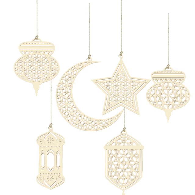 Adorno Eid Mubarak Madera Ramadán Kareem Decoración Estrella de la Luna Linterna Colgante