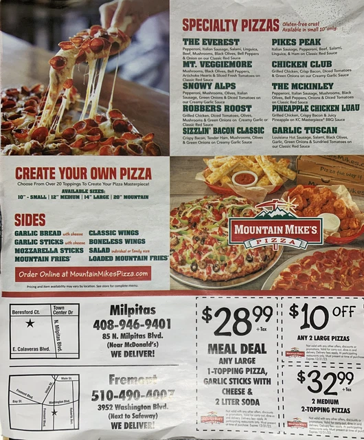 1 Sheet Mountain Mike's Pizza Coupon exp 12/31/2023