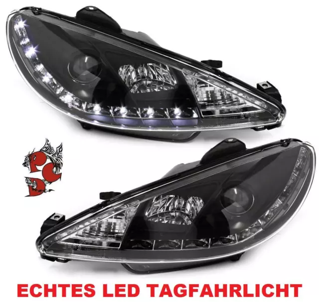 Scheinwerfer Peugeot 206 + Cc Cabrio 98-07 Schwarz Black Satz Led Tagfahrlicht