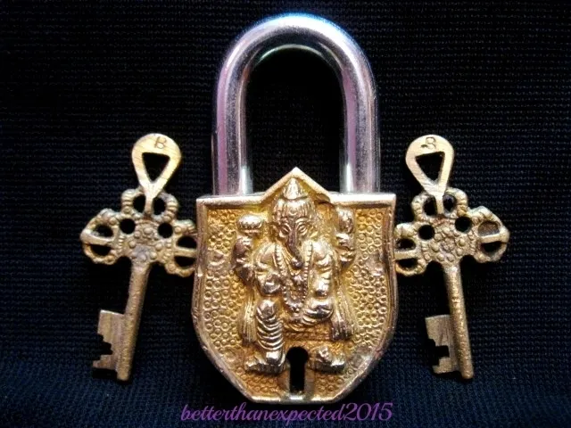 Messing Ganesha Schloss W 2 Schlüssel 3.5 " Einzigartige Sammlerstück Groß Solid