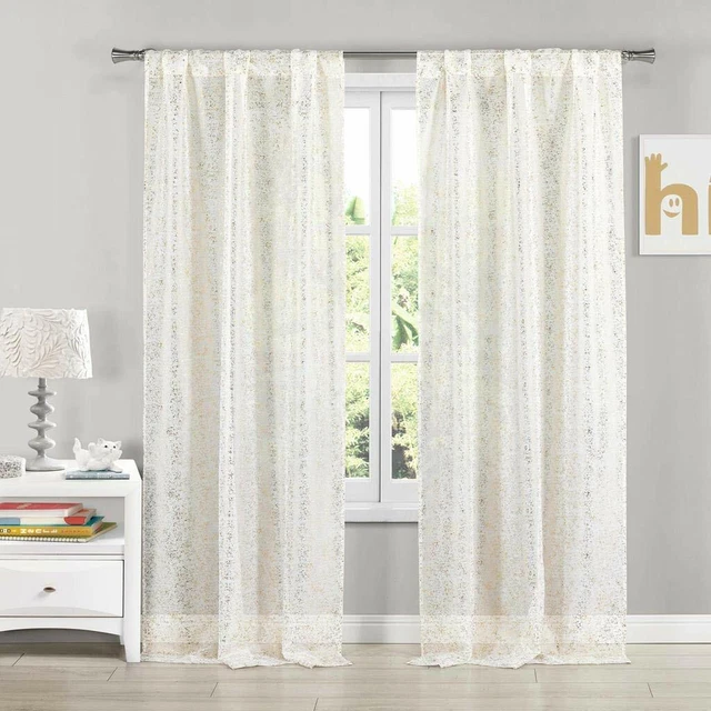 Lala+Bash Molly Metallic Rod Top Curtain 2 Panel Drape Set 37x84 White/Gold"