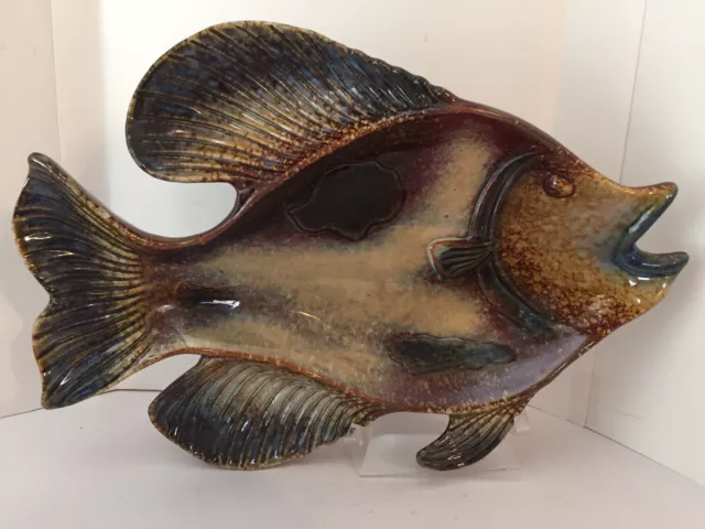 Vintage Majolica Art Pottery Fish Motif Serving Bowl 13-1/2" Blues And Browns