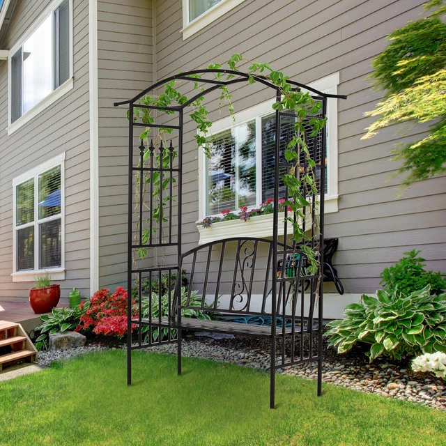 OUTSUNNY STEEL FRAME Outdoor Garden Arch Arbour 2 Seater Bench Black ...