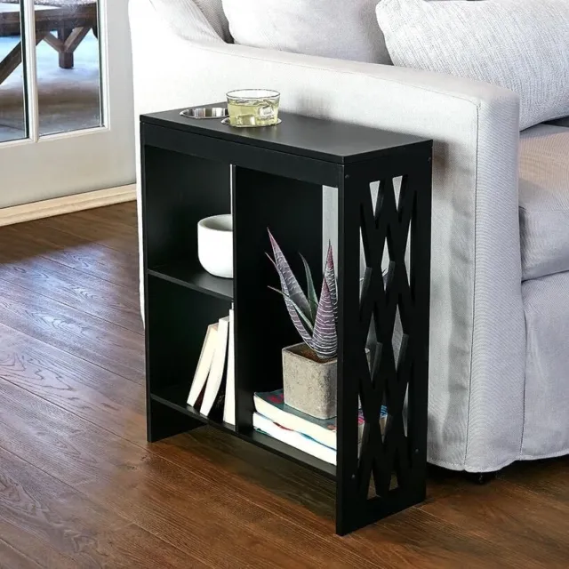 Slim End Side Table With Drink Holders Shelf Black Wooden Furniture Living Room