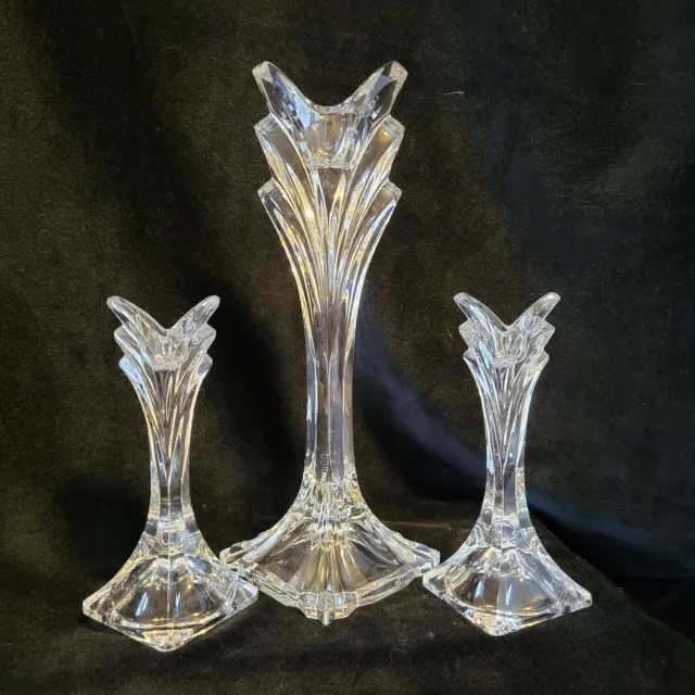 MIKASA Vintage Set of 3 Candle Holders Art Deco Tulip Lead Crystal Collectible