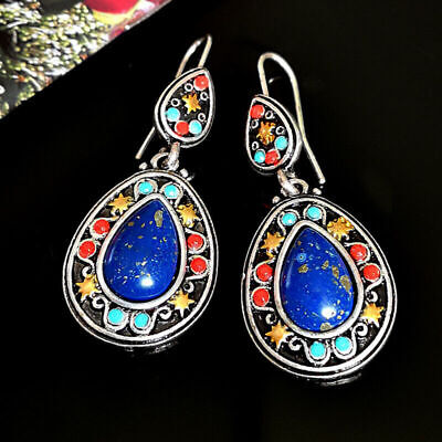 Boho 925 Silver Ear Hook Dangle Drop Women Gemstone Earrings Jewelry Charm Gifts