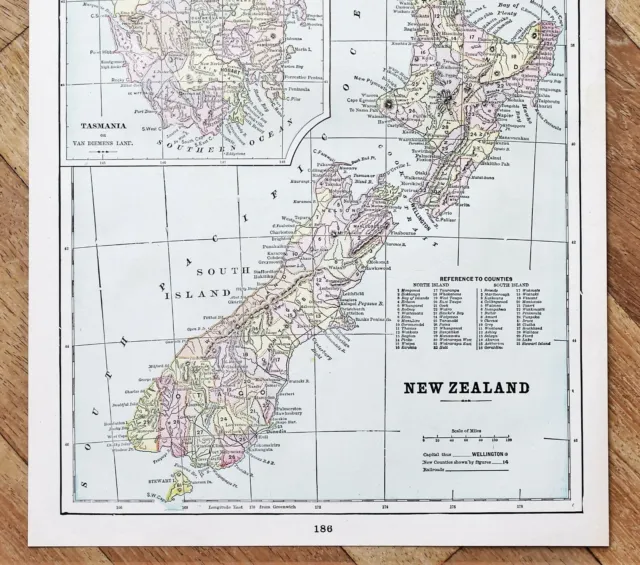 1896 New Zeanland Map Auckland Tasmania Wellington Counties Townships ORIGINAL
