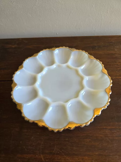 VTG Anchor Hocking Fire King Milk Glass Deviled Eggs Serving Plate W/Gold Trim