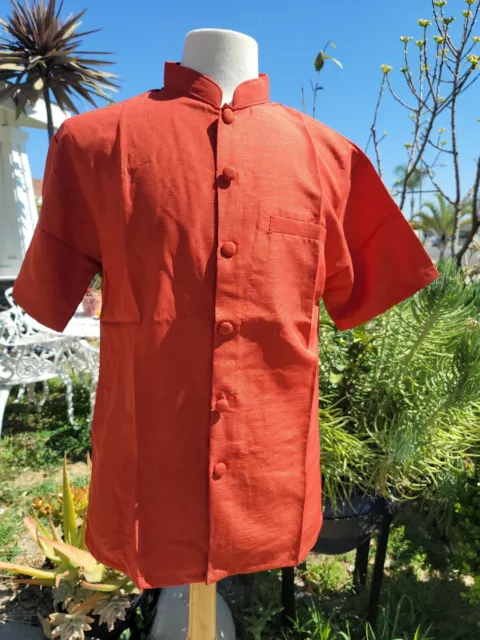 Mens Khmer Silk Mandarin Collar Shirts Short Sleeve 100% Silk Casual Dress Sz. L